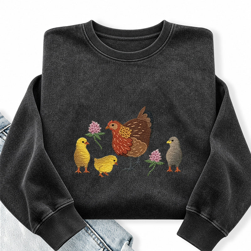 Embroidered Hen & Chicks Washed Crewneck Sweatshirt