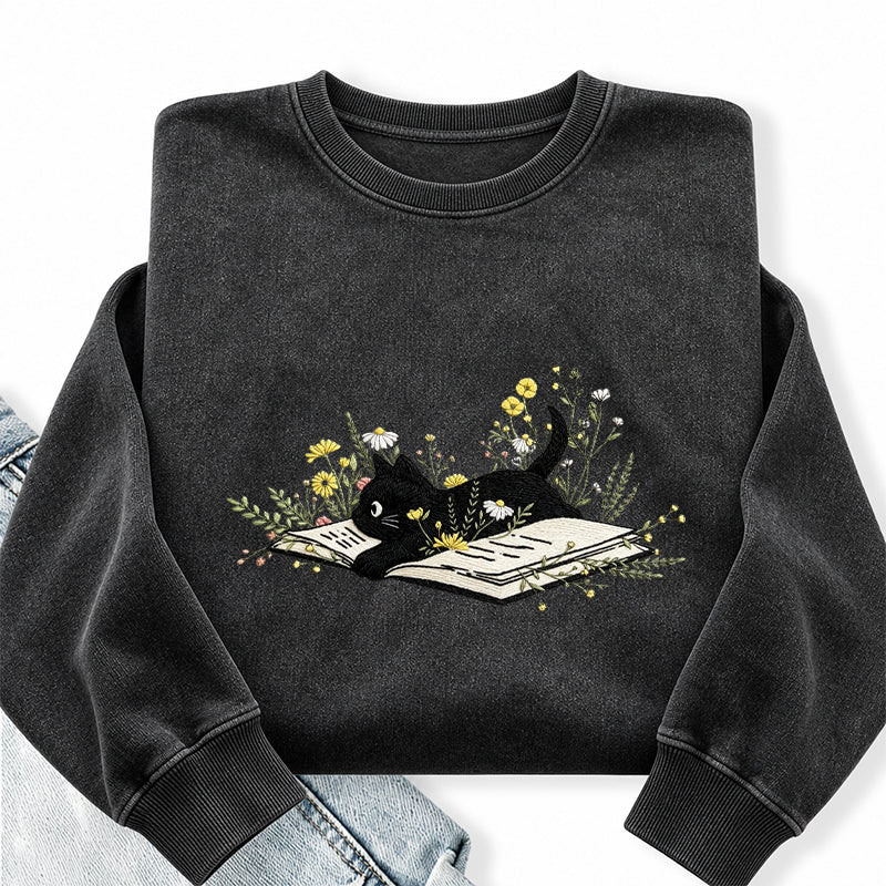 Embroidered Floral Book Cat Washed Crewneck Sweatshirt