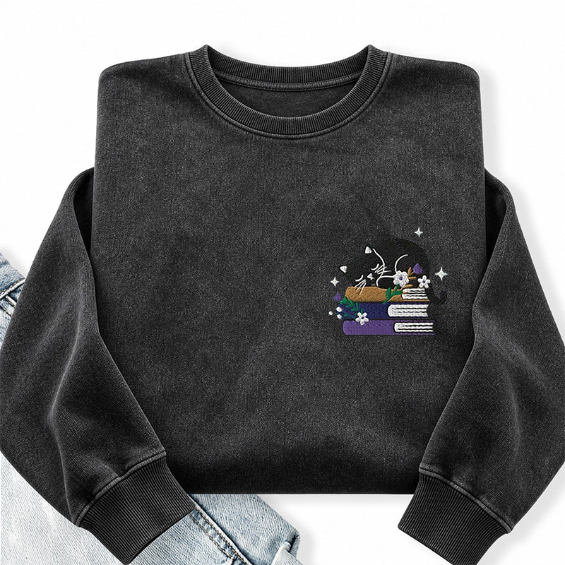 Embroidered Cat Book Washed Crewneck Sweatshirt