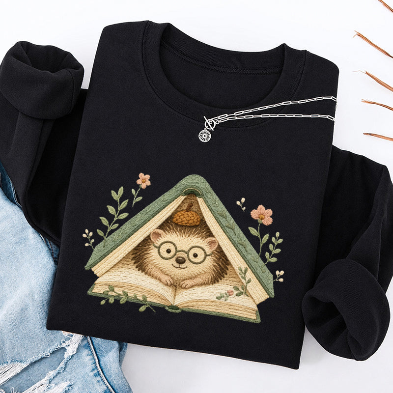Embroidered Hedgehog Book Flower Classic Crewneck Sweatshirt