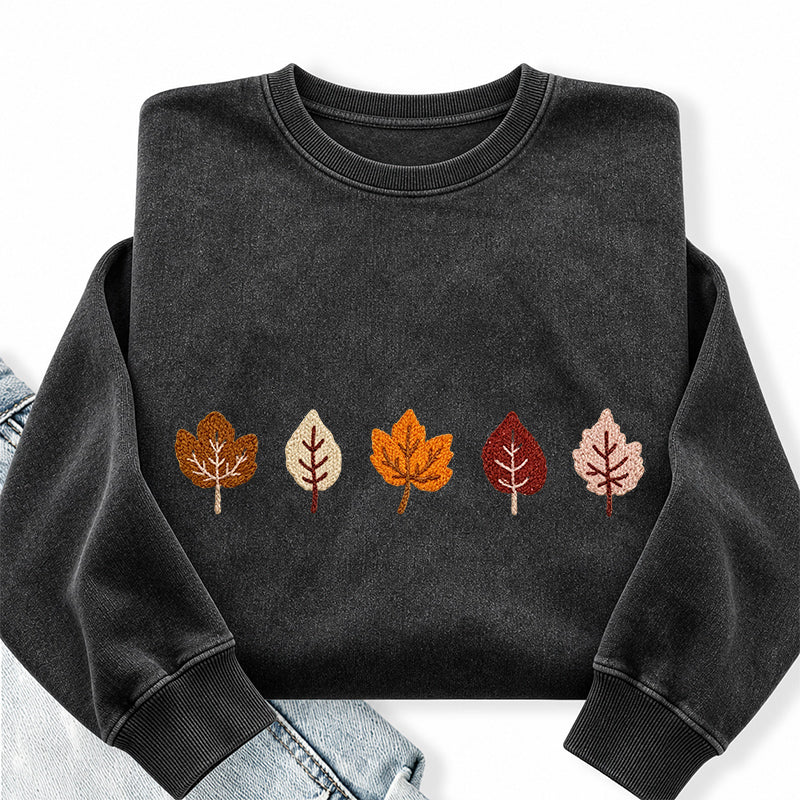 Embroidered Fall Leaves Washed Crewneck Sweatshirt