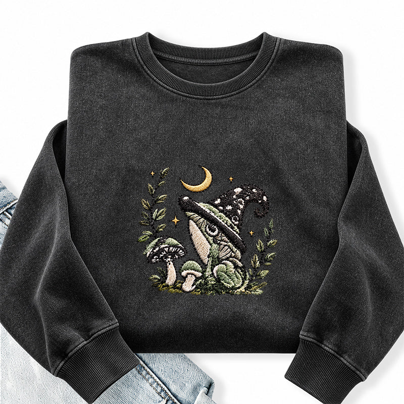 Embroidered Witchy Frog Washed Crewneck Sweatshirt
