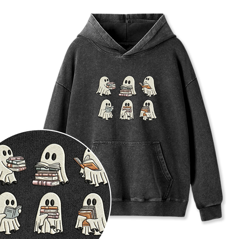 Embroidered Halloween Ghost Book Washed Hoodie