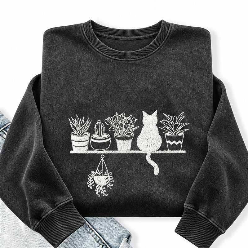 Embroidered Cats And Plants Washed Crewneck Sweatshirt