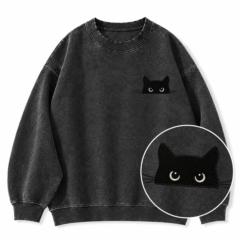 Embroidered Peeking Black Cat Washed Crewneck Sweatshirt