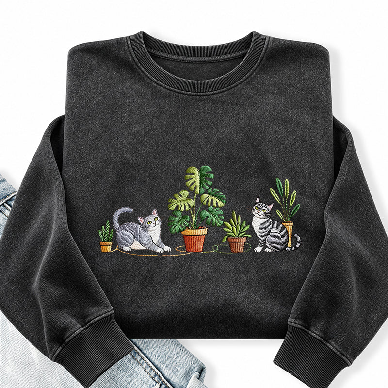 Embroidered Plants And Cat Washed Crewneck Sweatshirt