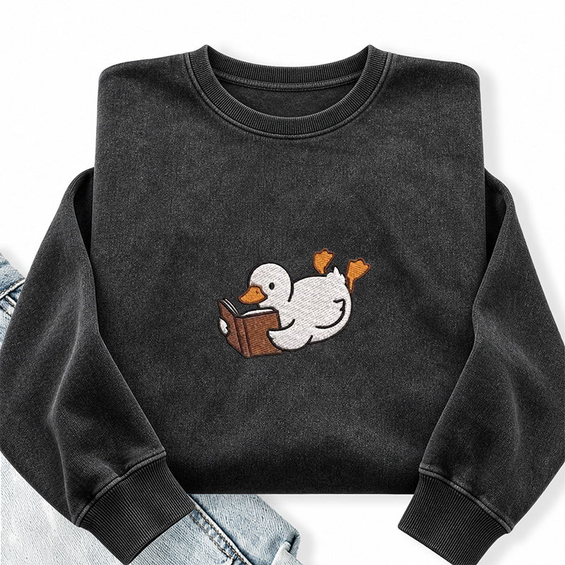 Embroidered Reading Duck Washed Crewneck Sweatshirt