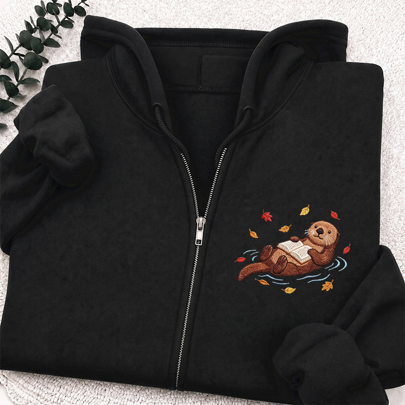 Embroidered Otter Reading Book Classic Full Zip Hoodie