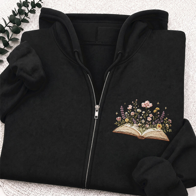 Embroidered Floral Book Adult Unisex Full Zip Hoodie