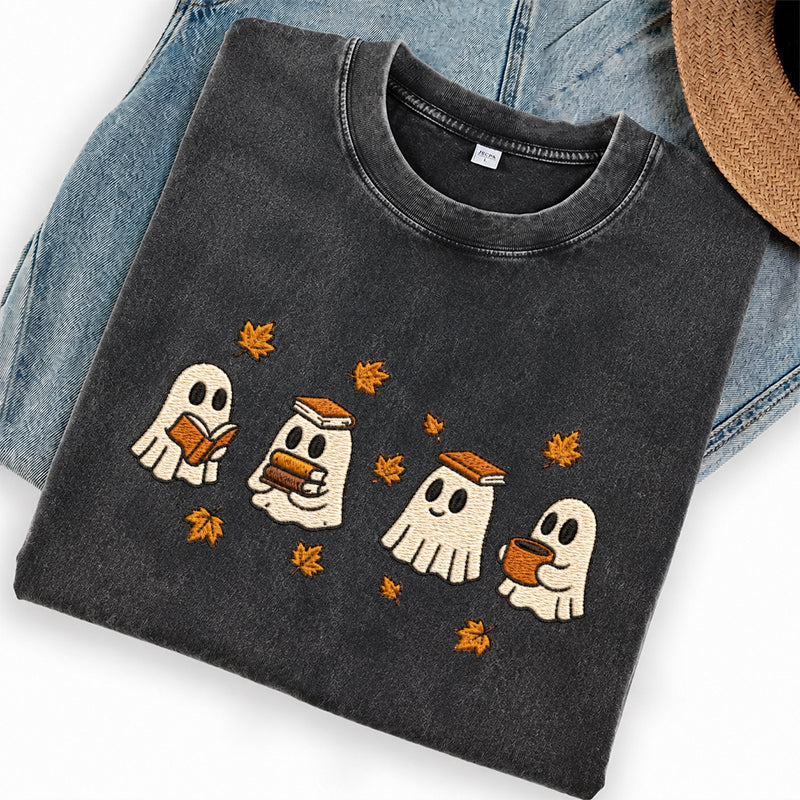 Embroidered Autumn Bookish Ghost Washed Crew Neck T-Shirt