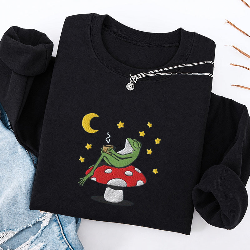 Embroidered Frog Night With Coffee Classic Crewneck Sweatshirt