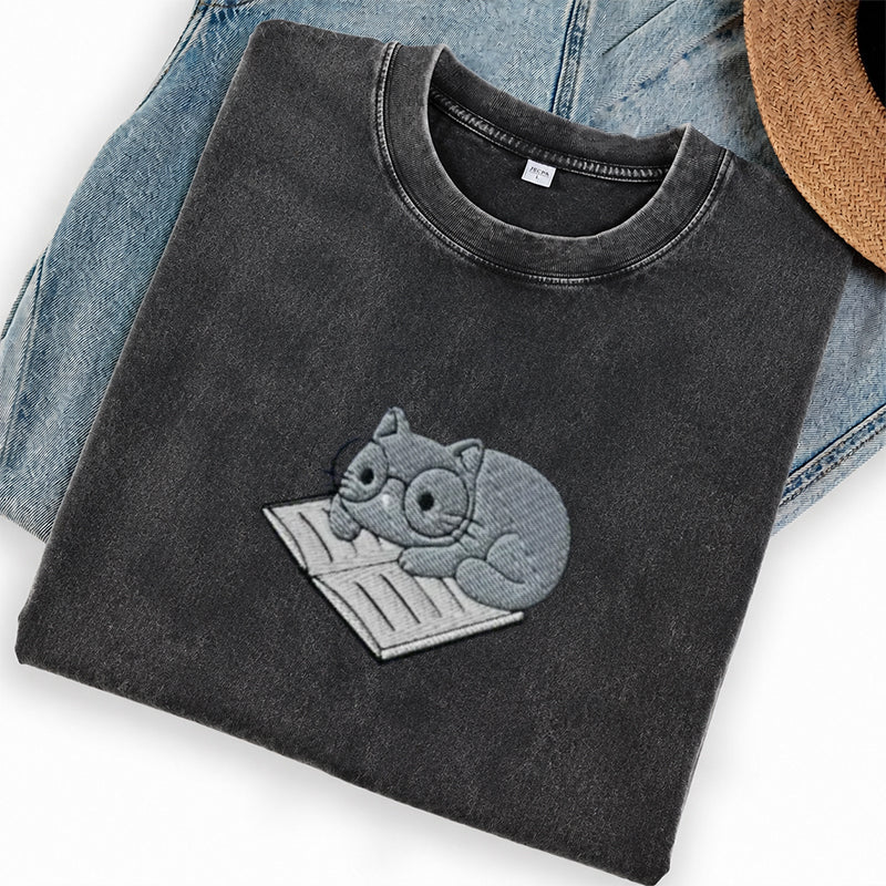 Embroidered Cat On Book Washed Crew Neck T-Shirt