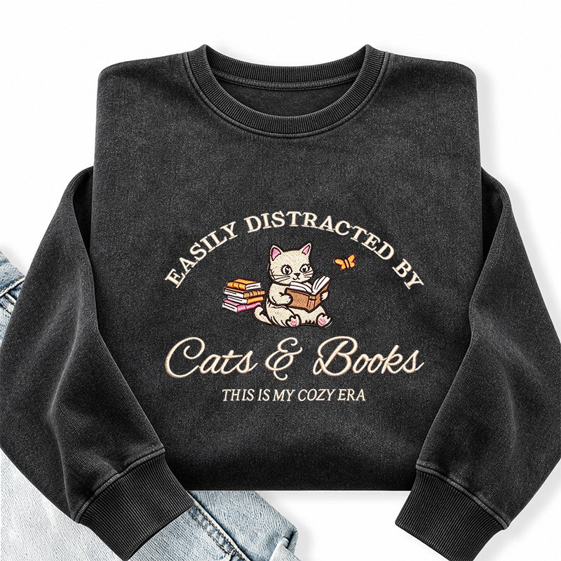 Embroidered Distracted By Cats and Books Washed Crewneck Sweatshirt