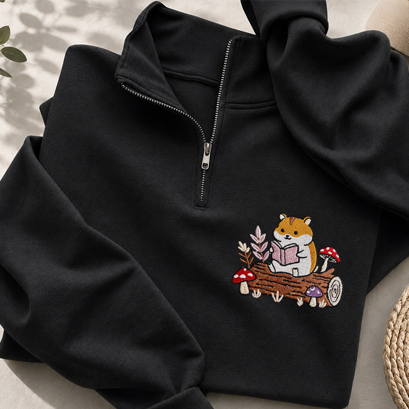Embroidered Hamster Reading Books Classic Quarter Zip Sweatshirt