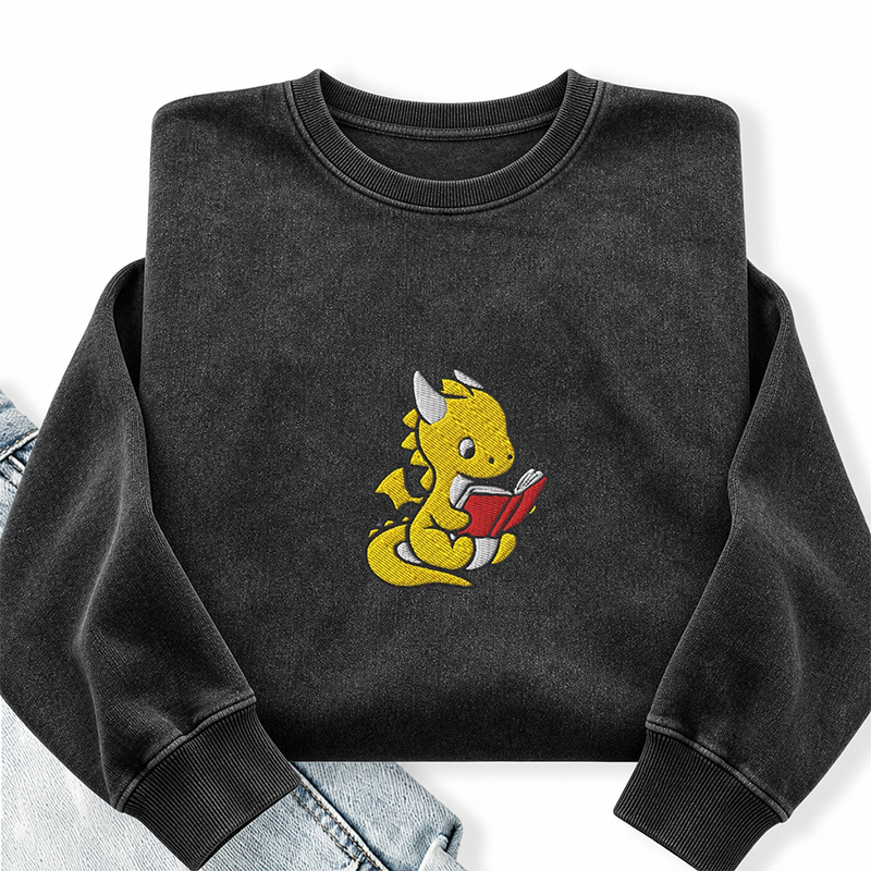 Embroidered Dragon Reading Books Washed Crewneck Sweatshirt