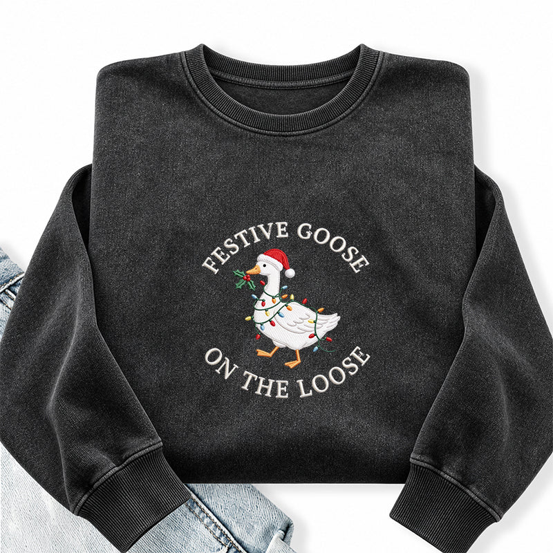 Embroidered Festive Goose On The Loose Washed Crewneck Sweatshirt