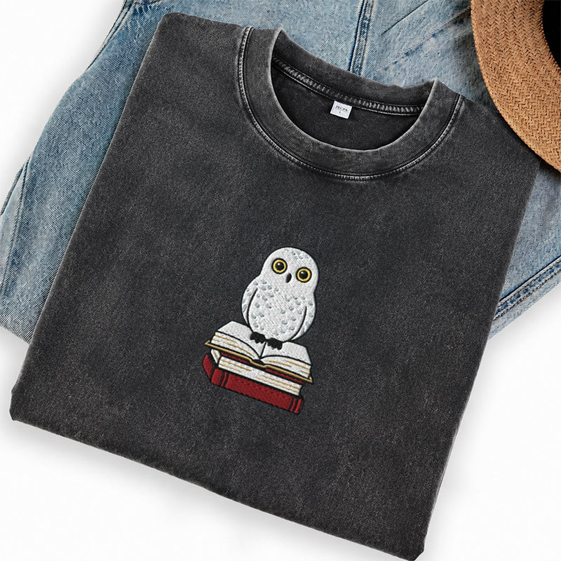 Embroidered Snow Owl On Bookstack Washed Crew Neck T-Shirt