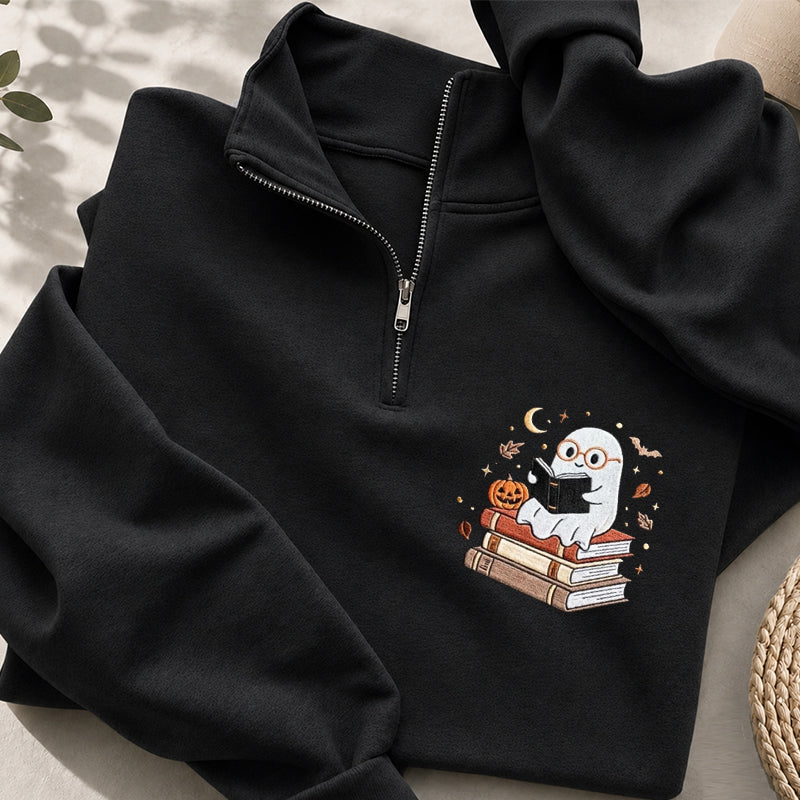 Embroidered Bookish Ghost Classic Quarter Zip Sweatshirt