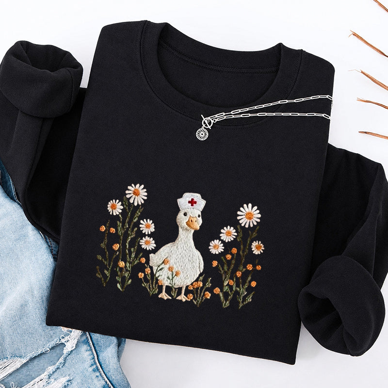 Embroidered Daisy Nurse Goose Classic Crewneck Sweatshirt