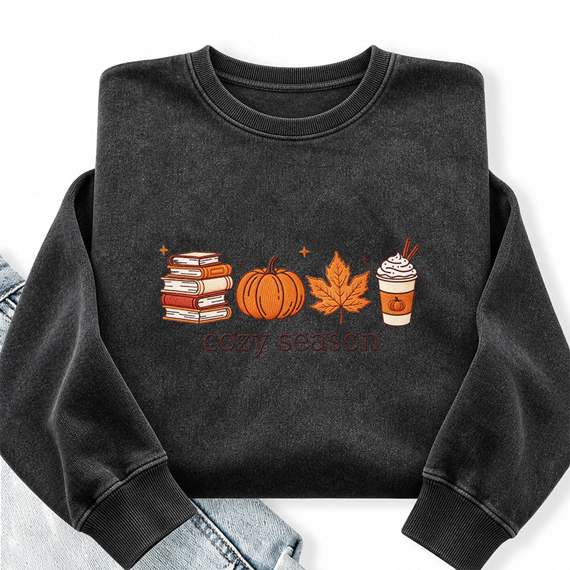 Embroidered Cozy Seasons Book Lover Washed Crewneck Sweatshirt