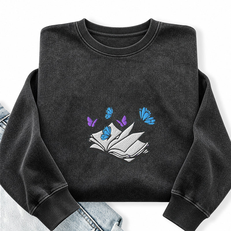 Embroidered Open Book With Butterflies Washed Crewneck Sweatshirt