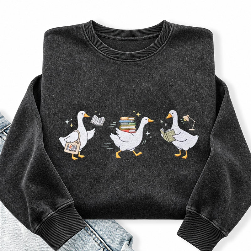 Embroidered Bookish Goose Washed Crewneck Sweatshirt