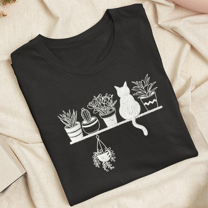 Embroidered Cats And Plants Classic Adult Unisex Crew Neck T-Shirt