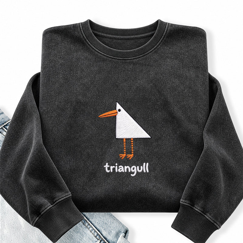 Embroidered Funny Triangull Seagull Washed Crewneck Sweatshirt