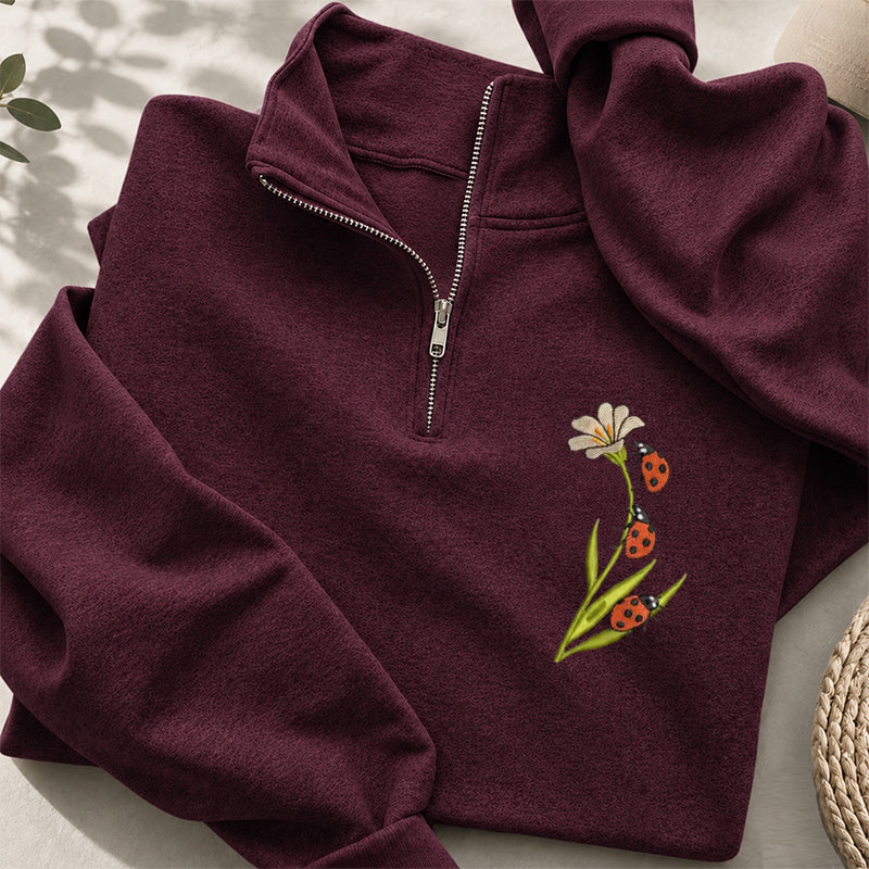 Embroidered Ladybug & Daisy Classic Quarter Zip Sweatshirt