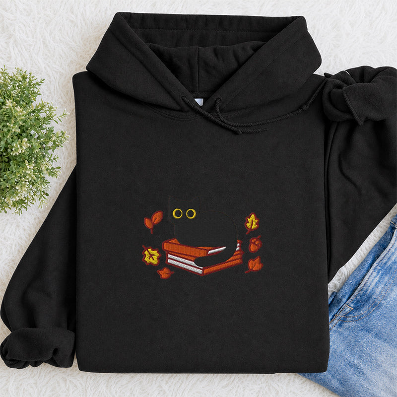 Embroidered Autumn Black Cat Book Classic Adult Unisex Hoodie