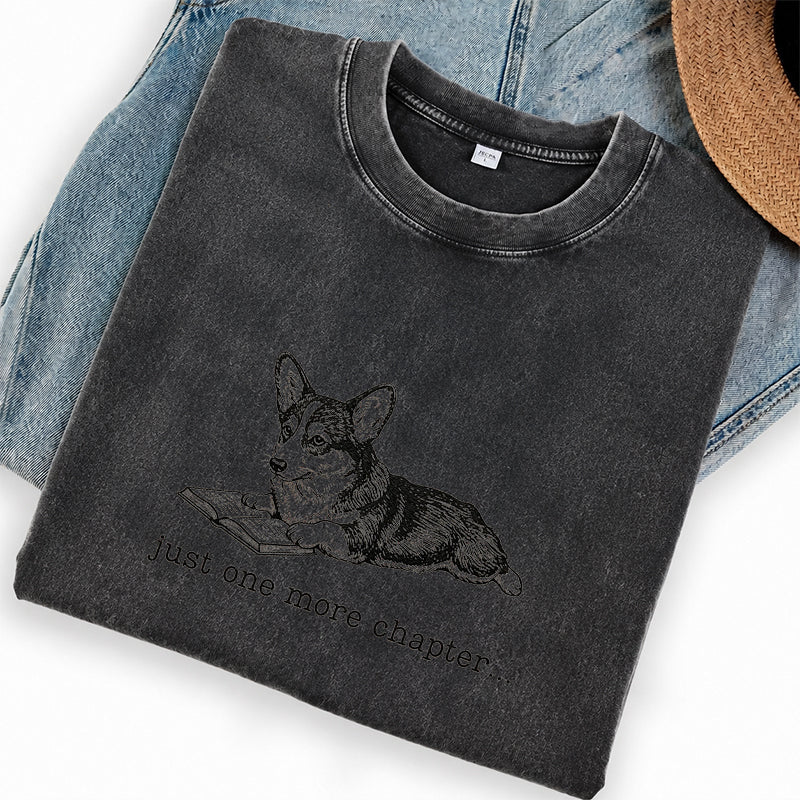 Embroidered One More Chapter Corgi Washed Crew Neck T-Shirt