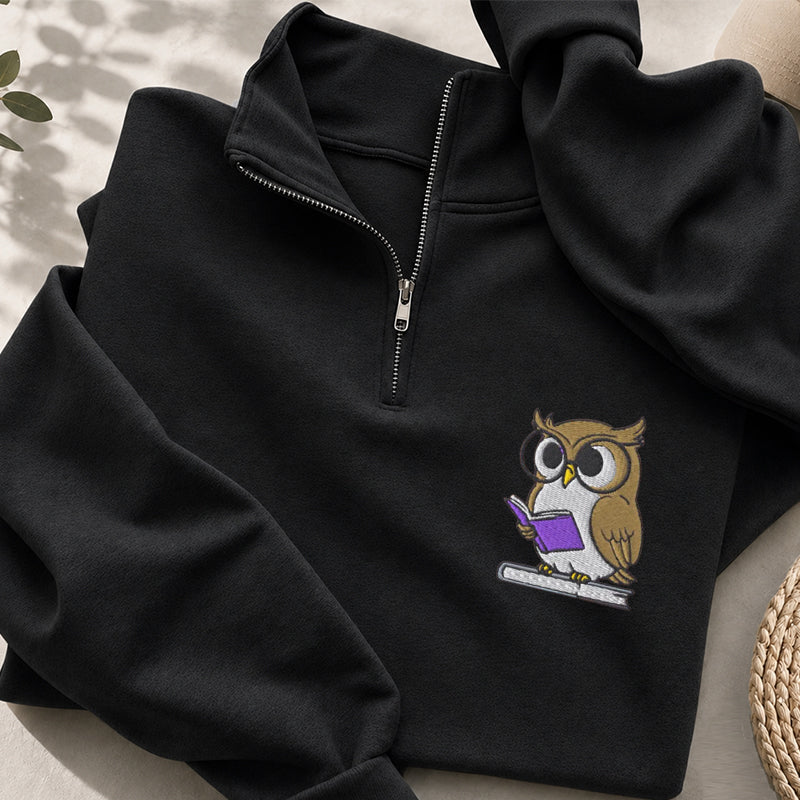Embroidered Owl Reading Classic Quarter Zip Sweatshirt
