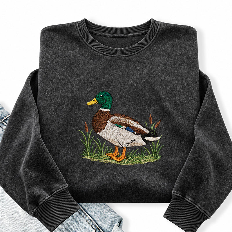 Embroidered Mallard Duck Washed Crewneck Sweatshirt