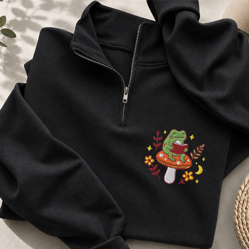 Embroidered Bookish Frog Classic Quarter Zip Sweatshirt