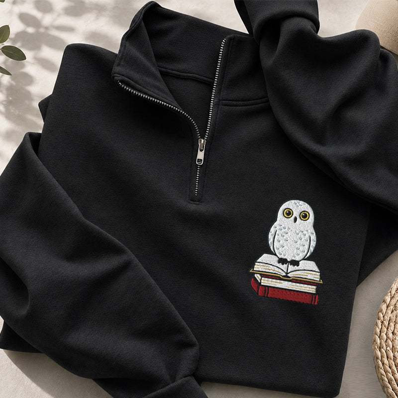 Embroidered Snow Owl On Bookstack Classic Quarter Zip Sweatshirt