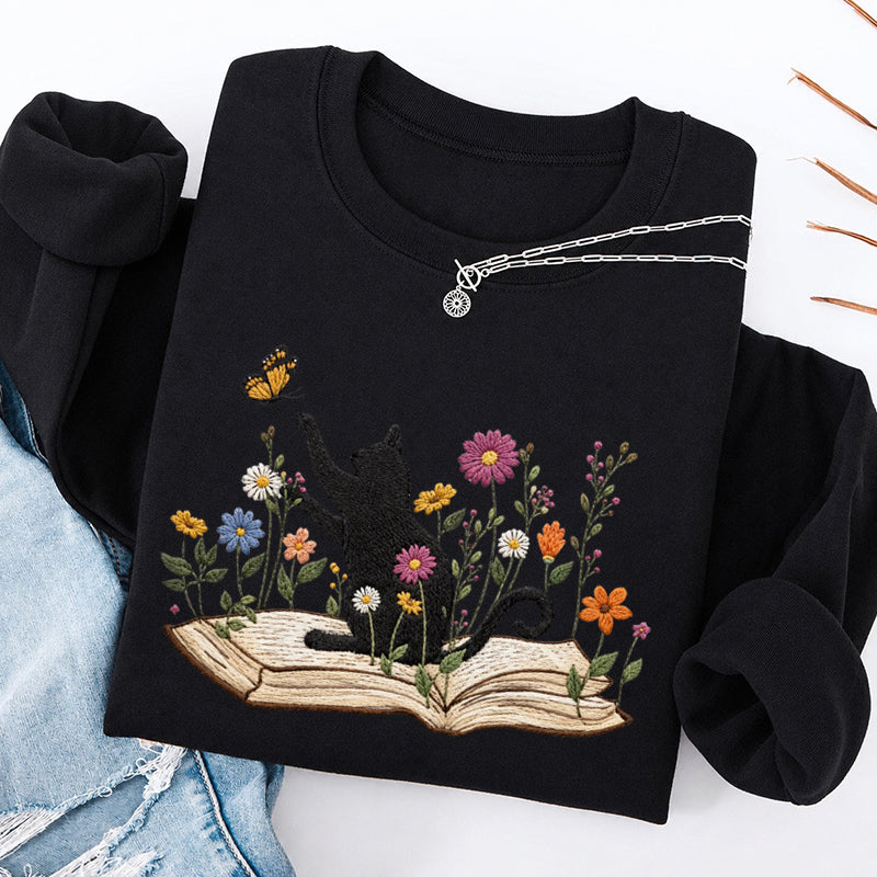 Embroidered Floral Book Cat Classic Crewneck Sweatshirt