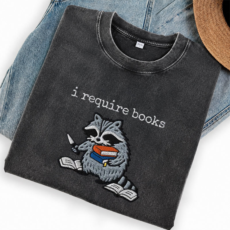 Embroidered I Require Books Washed Crew Neck T-Shirt