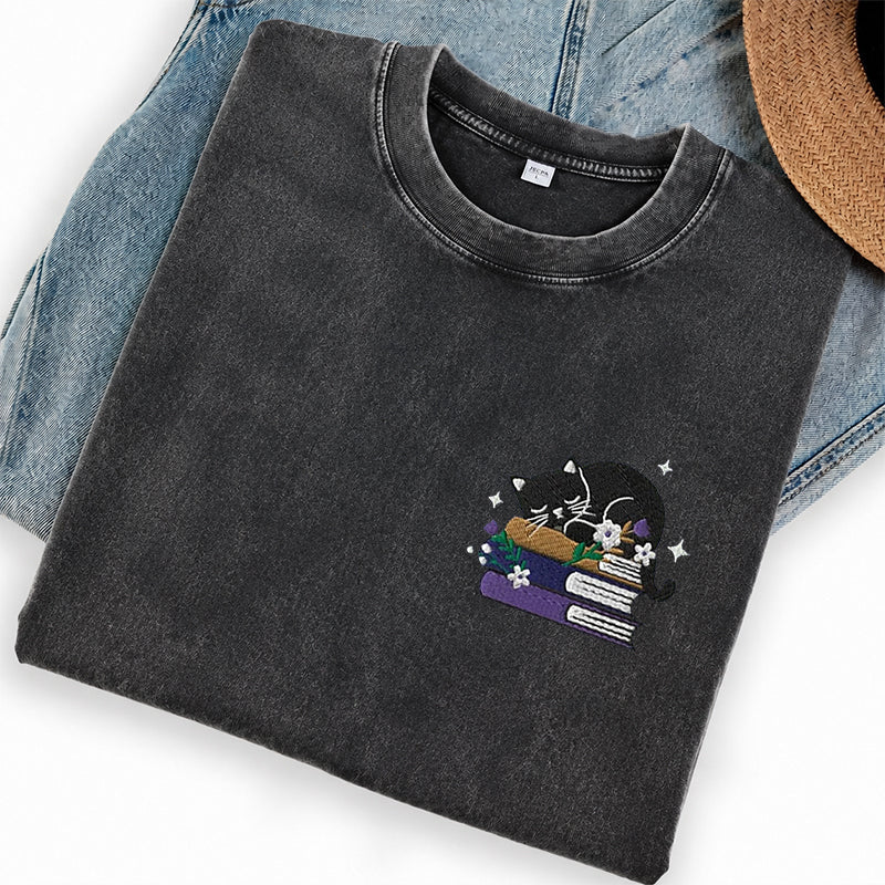 Embroidered Black Cat Floral Book Washed Crew Neck T-Shirt