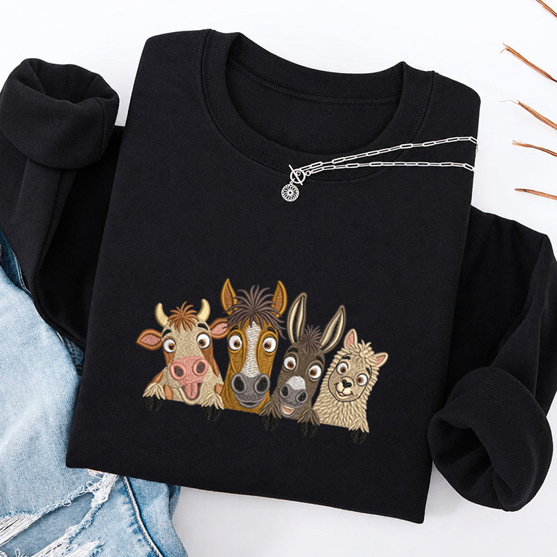 Embroidered Peeking Farm Animals Classic Crewneck Sweatshirt