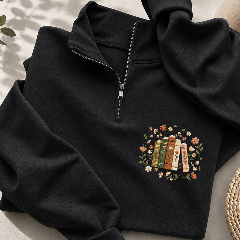 Embroidered Floral Book Stack Classic Quarter Zip Sweatshirt