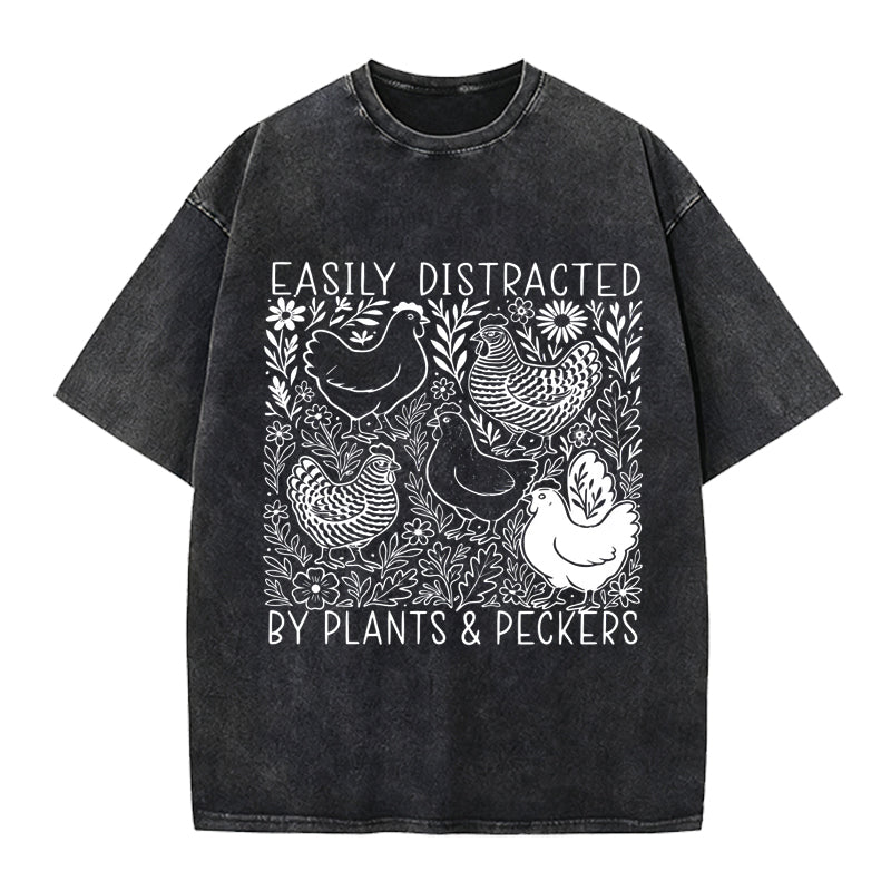 Easily Distracted By Plants and Peckers Washed Crew Neck T-Shirt