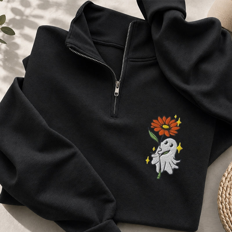 Embroidered Ghost Holding A Flower Classic Quarter Zip Sweatshirt