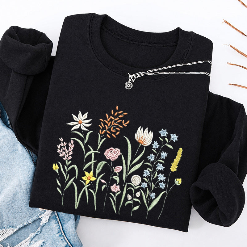 Embroidered Cute Wildflowers Classic Crewneck Sweatshirt
