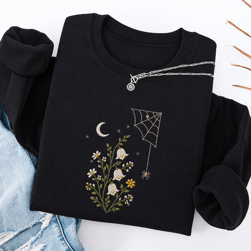 Embroidered Floral Spider Web Classic Crewneck Sweatshirt