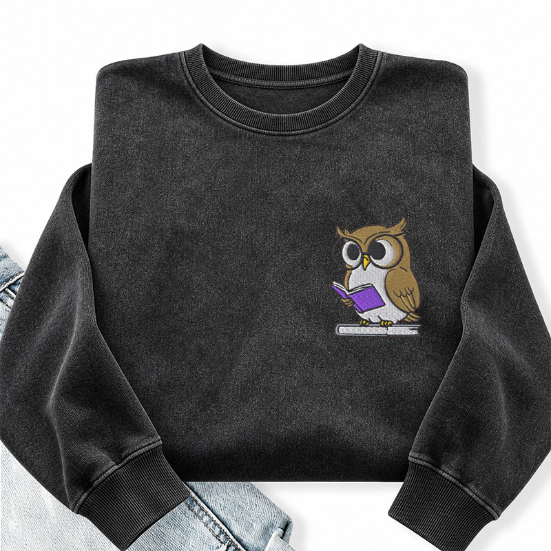 Embroidered Owl Reading Washed Crewneck Sweatshirt