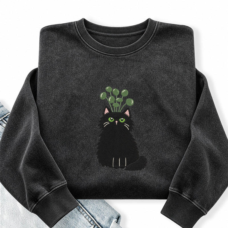 Embroidered Plant Black Cat Washed Crewneck Sweatshirt