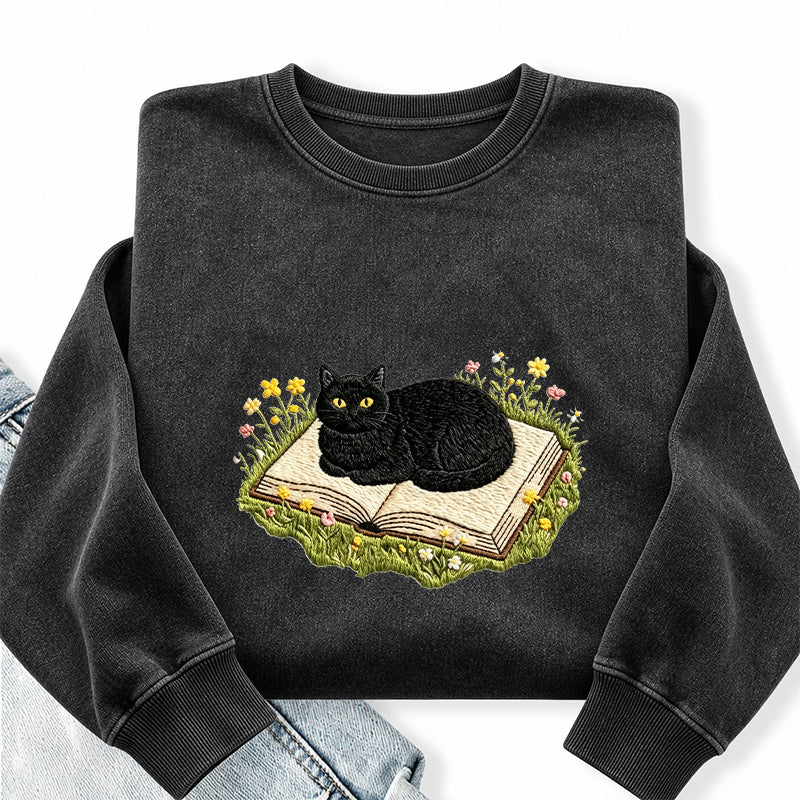 Embroidered Black Cat Book Washed Crewneck Sweatshirt