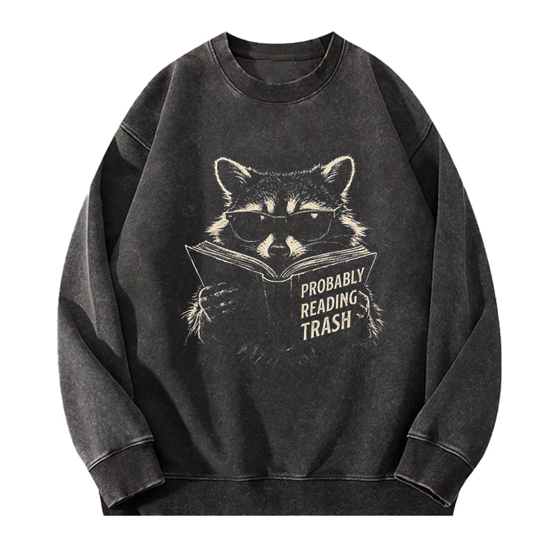 Probably Reading Trash Raccoon Washed Crewneck Sweatshirt