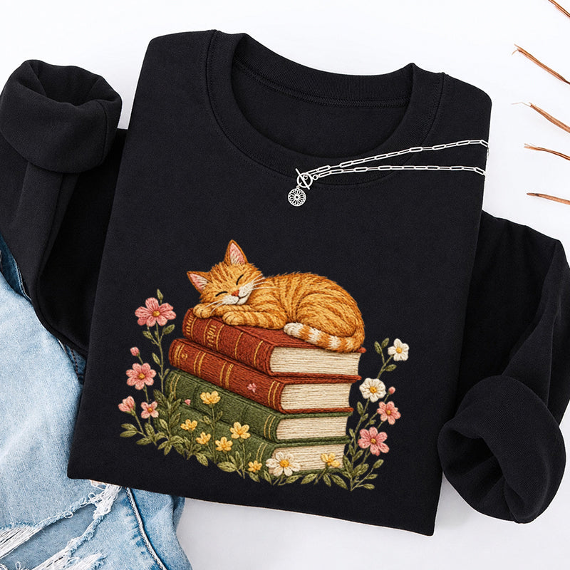 Embroidered Cat Sleeping On Books Classic Crewneck Sweatshirt