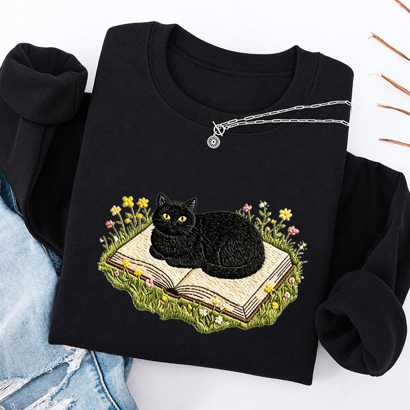 Embroidered Black Cat Book Classic Crewneck Sweatshirt
